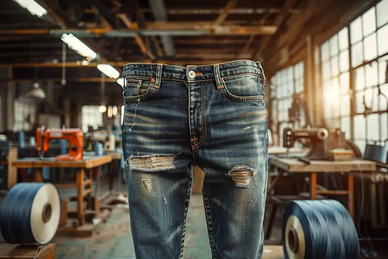 Jean brut indigo plié sur une table en bois, montrant la texture dense du denim et ses coutures