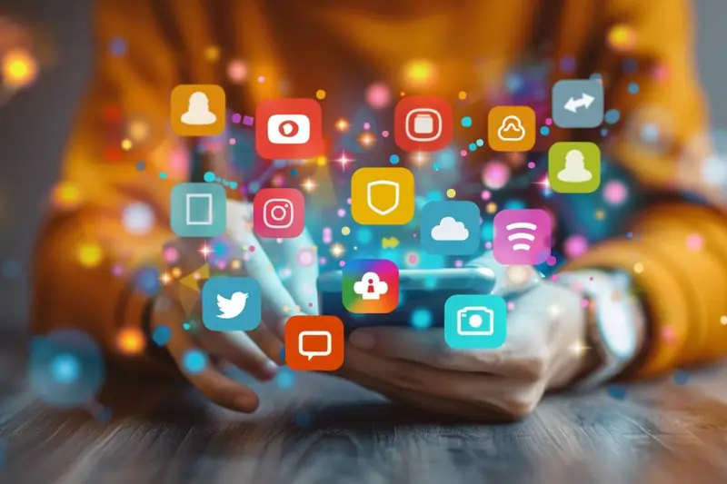 Équipe événementielle préparant une campagne sociale sur ordinateurs et smartphone avant l’ouverture