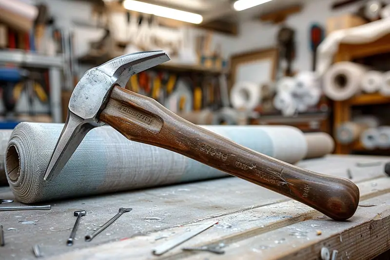 Marteau tapissier aimanté, pose-clou et clous décoratifs sur un fauteuil en cours de réfection