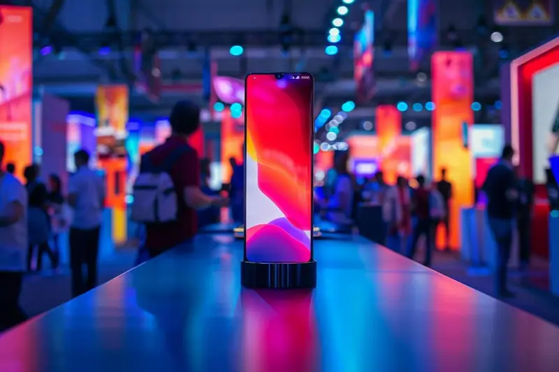 Professionnels testant des smartphones et composants sur un salon technologique très fréquenté