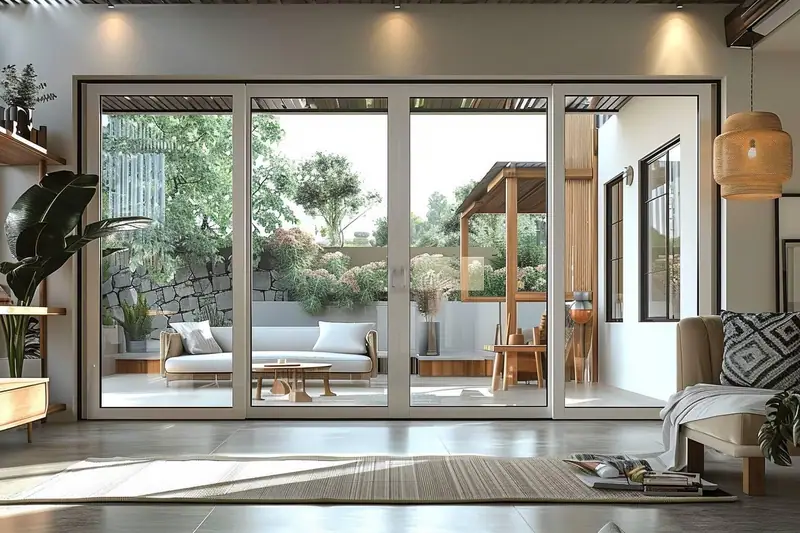 Cadres aluminium, PVC et bois comparés sur une grande baie vitrée coulissante