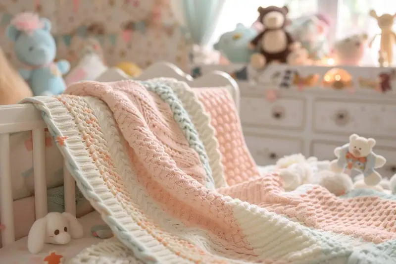 Couverture en coton pliée près d’un lit de bébé vide avec une gigoteuse adaptée