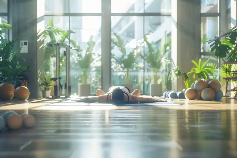 Pratiquante réalisant une posture de fente sur tapis après un entraînement sportif à domicile