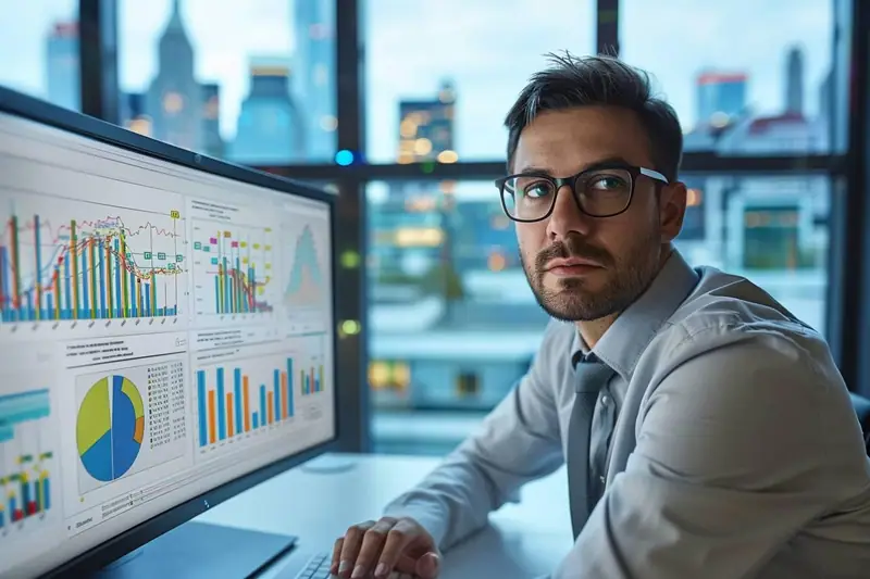 Professionnelle analysant des graphiques et requêtes sur deux écrans dans un espace de travail lumineux