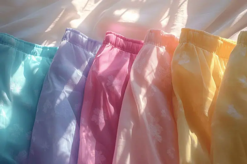 Culottes menstruelles de différentes coupes rangées sur un lit près d’un calendrier et d’une étiquette de prix