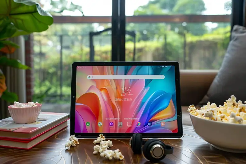 Tablette grand format affichant un film et une manette de jeu sur un canapé lumineux