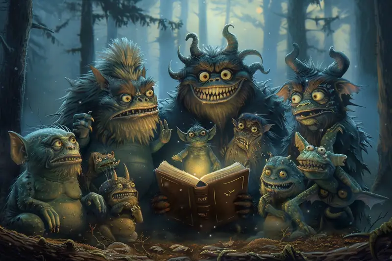 Bestiaire ancien ouvert sur une table, entouré de figurines de dragon, loup et chimère