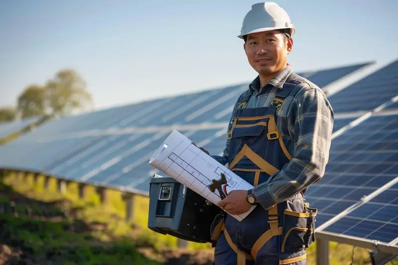 Artisan contrôlant la fixation de panneaux photovoltaïques sur une toiture de maison