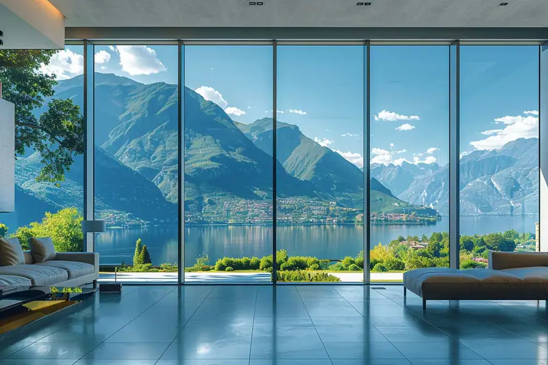 Maison contemporaine ouverte sur une vallée verdoyante avec grandes baies vitrées et terrasse