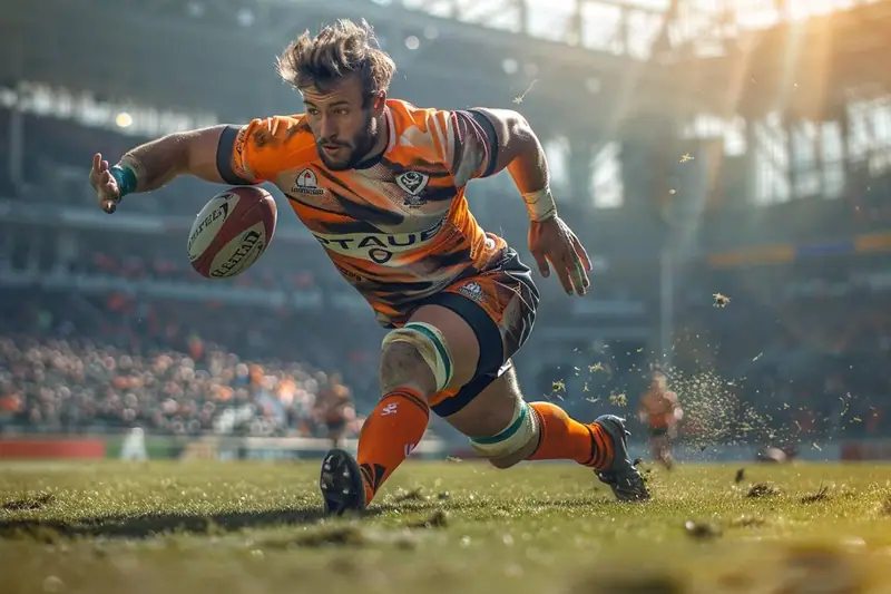 Joueur de rugby en maillot technique ajusté tenant un ballon sur un terrain humide