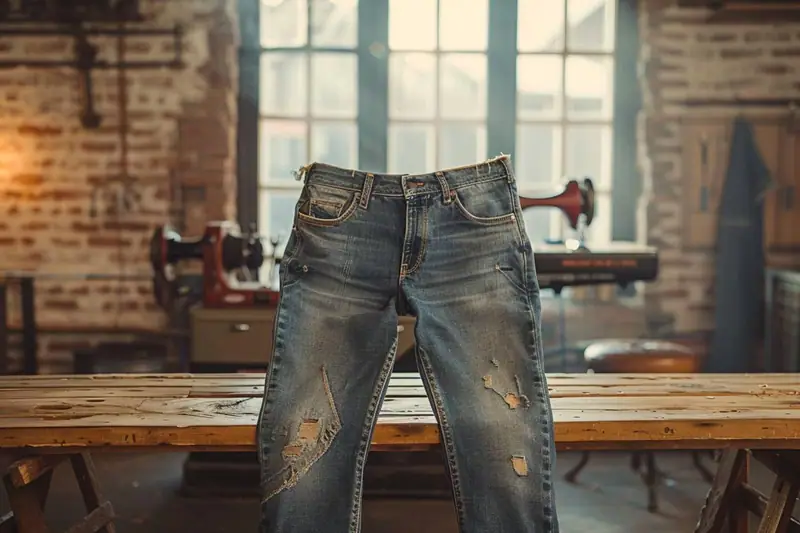 Jeans bruts indigo de différentes coupes suspendus dans une boutique de denim spécialisée