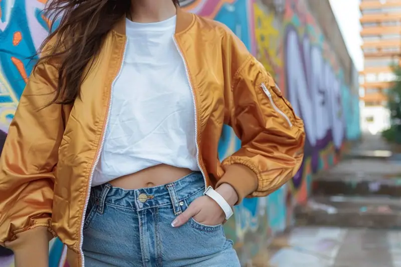 Femme portant un bombardier kaki avec jean droit, pull clair et bottines en ville