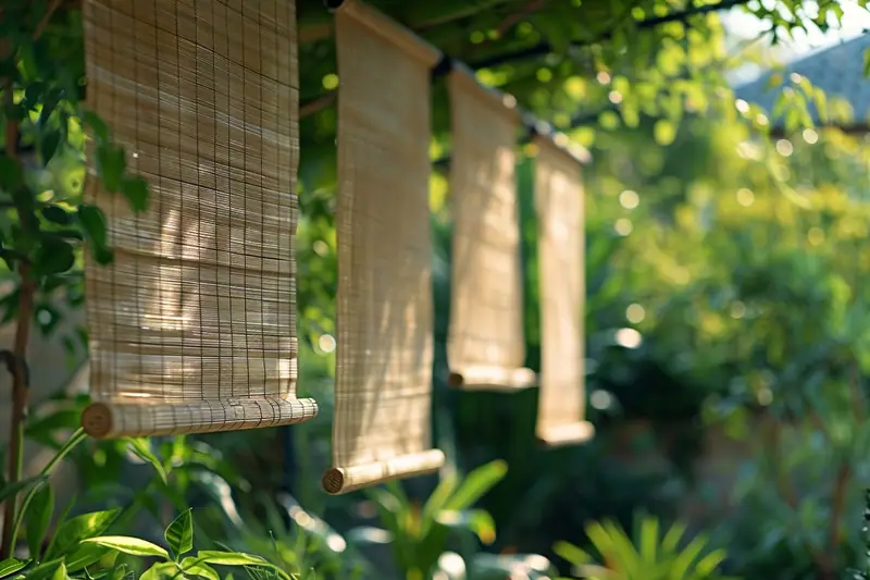 Terrasse en bois ombragée par une voile tendue et une pergola végétalisée dans un jardin lumineux
