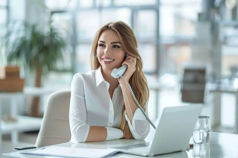 Responsable analysant un tableau de bord de télésecrétariat sur ordinateur dans un bureau lumineux