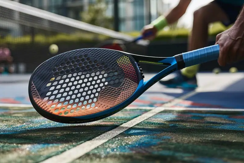 Joueur de padel comparant deux raquettes sur le bord d’un court couvert