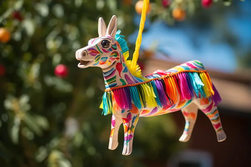 Adulte installant une pinata colorée sous une branche dans un jardin sécurisé pour enfants