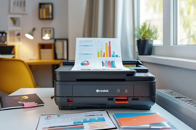 Étudiant comparant une imprimante compacte et des feuilles de cours sur un bureau lumineux