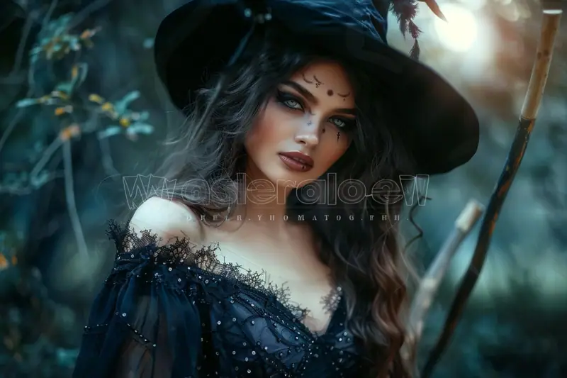 Femme en costume d’Halloween élégant, créant un maquillage sombre devant un miroir éclairé