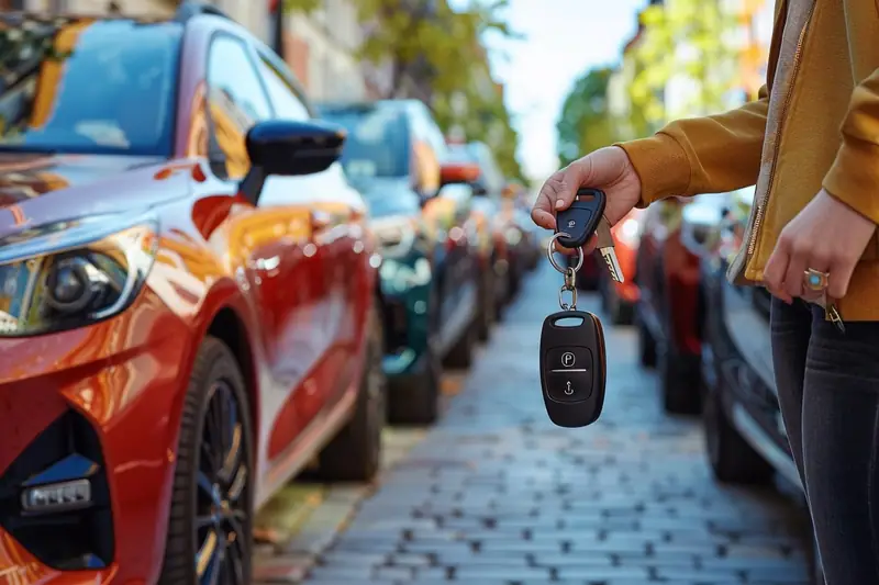 Conducteur inspectant une voiture louée entre particuliers avant le départ en ville