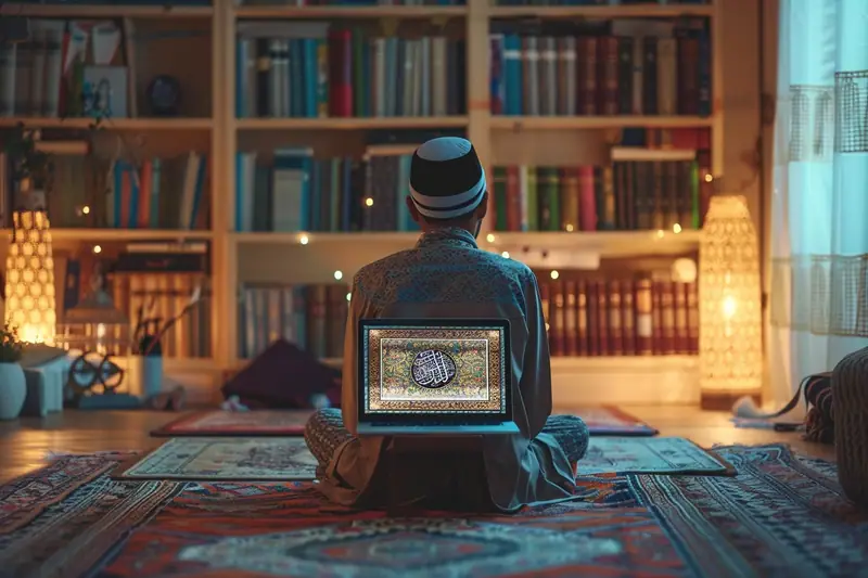 Étudiante consultant le texte arabe et une traduction du Coran sur une tablette avec carnet de notes