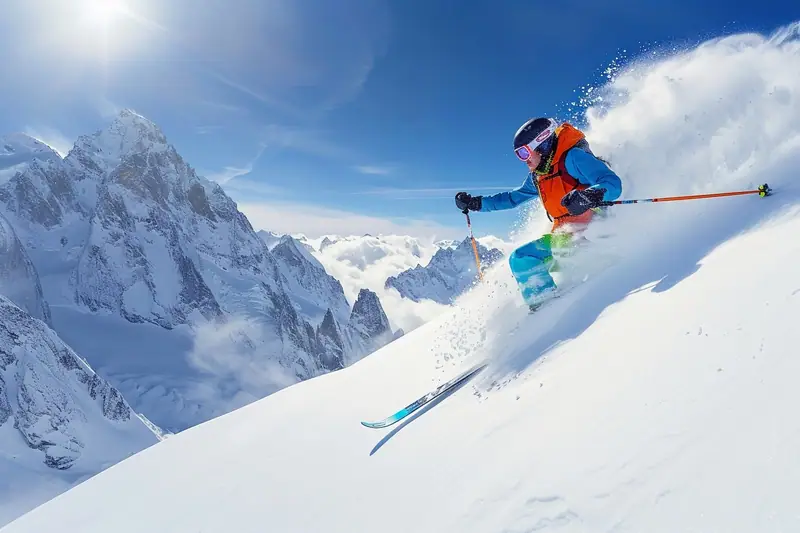 Trois skieurs de randonnée progressant en peaux dans un vallon alpin enneigé au lever du jour