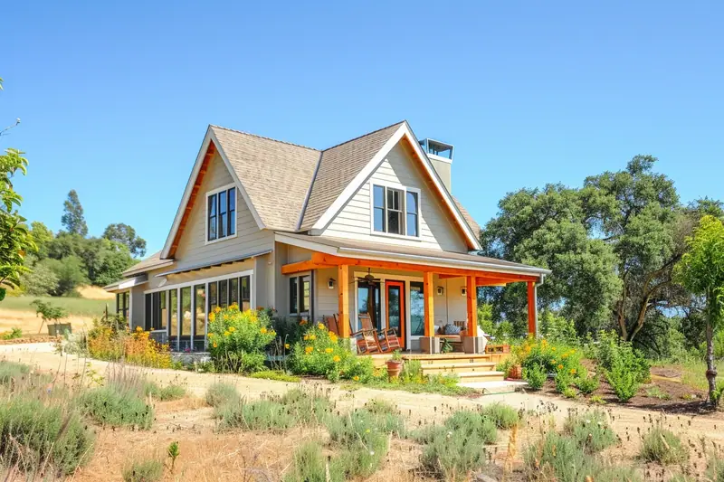 Petite maison neuve compacte en construction sur un terrain plat avec artisans au travail
