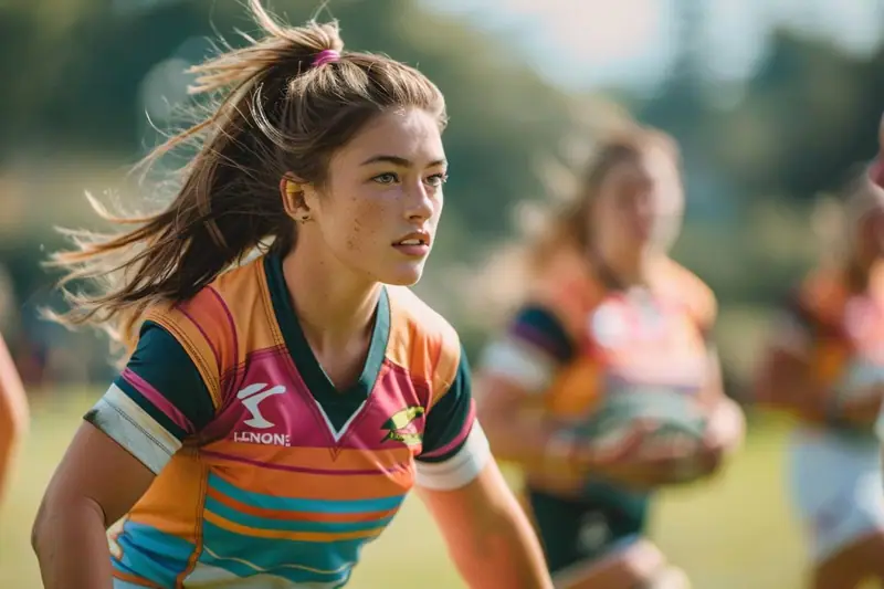 Joueuse de rugby en maillot technique ajusté tenant un ballon sur un terrain humide