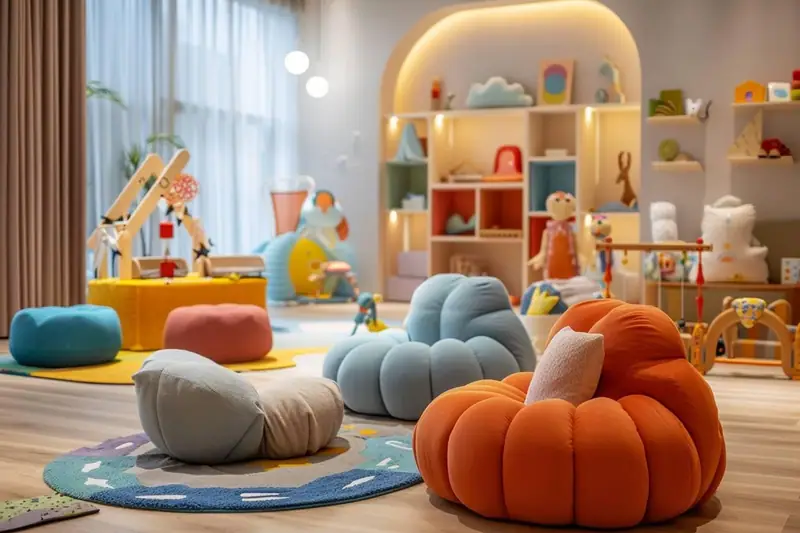 Lit bébé en bois et chaise haute sécurisée dans une chambre d’hôtel familiale lumineuse