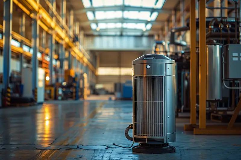 Aérotherme gaz installé en hauteur dans un atelier lumineux avec structure métallique