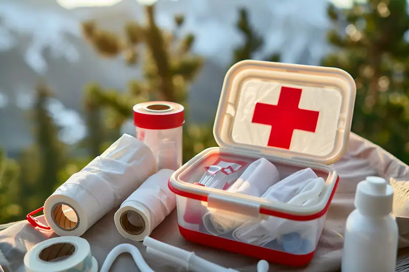 Trousse de premiers secours ouverte sur un sac de randonnée, avec pansements et carte de sentier