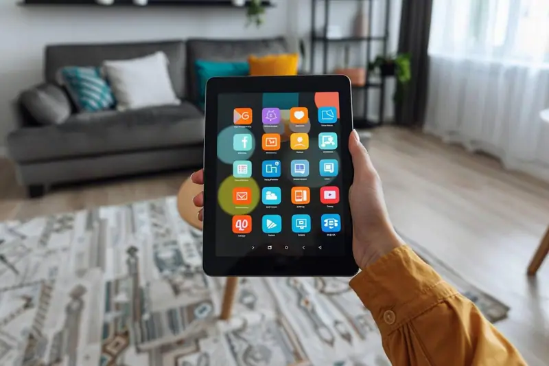 Tablette Android et iPad avec applications de travail, dessin et lecture sur un bureau lumineux