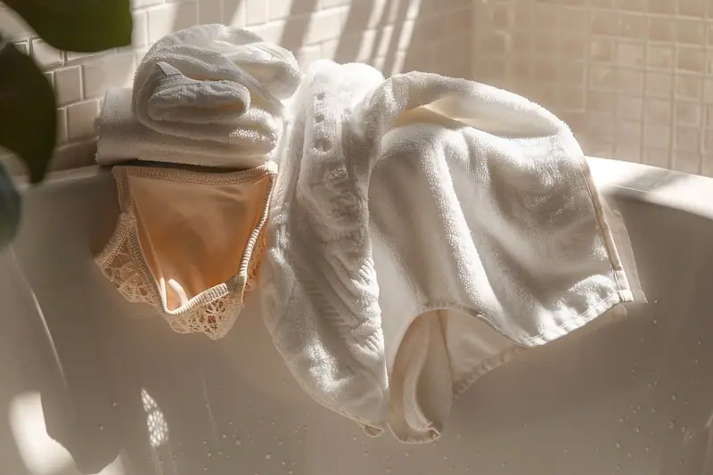 Culotte menstruelle rincée à l’eau froide dans une salle de bain lumineuse avant lavage