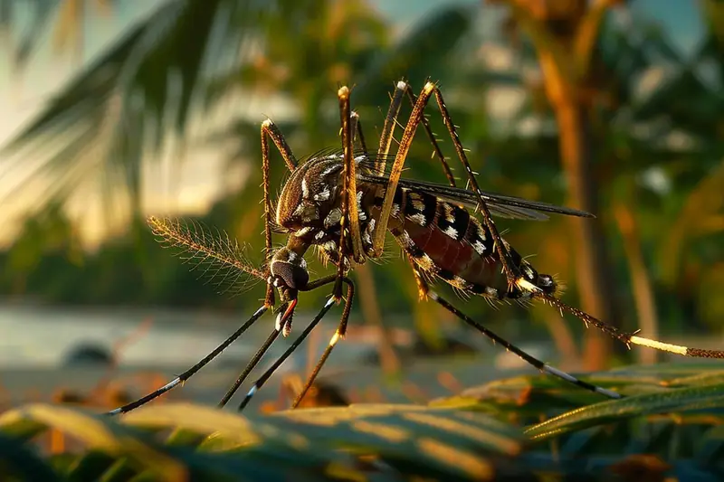 Voyageur appliquant du répulsif avant le coucher du soleil dans un hébergement tropical à Zanzibar