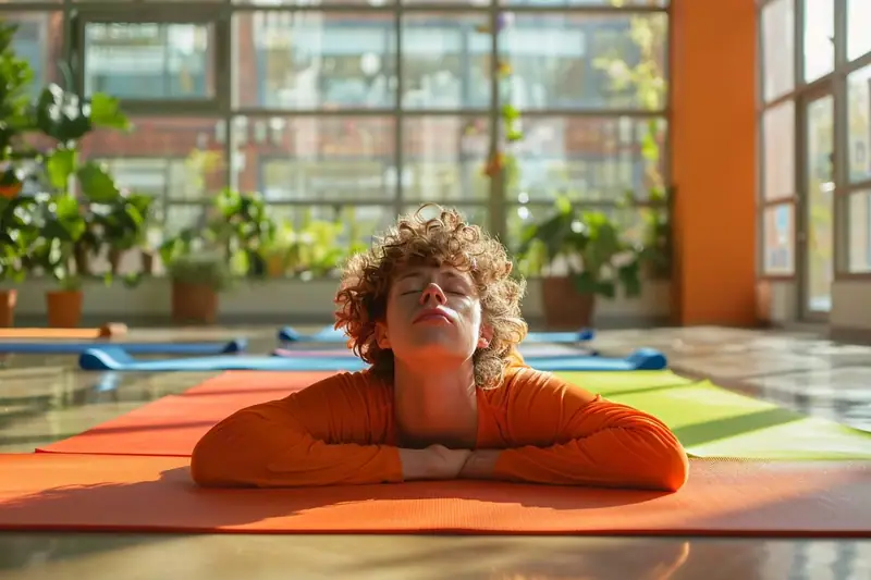 Pratiquante débutante faisant une posture de yoga douce sur tapis dans un salon dégagé