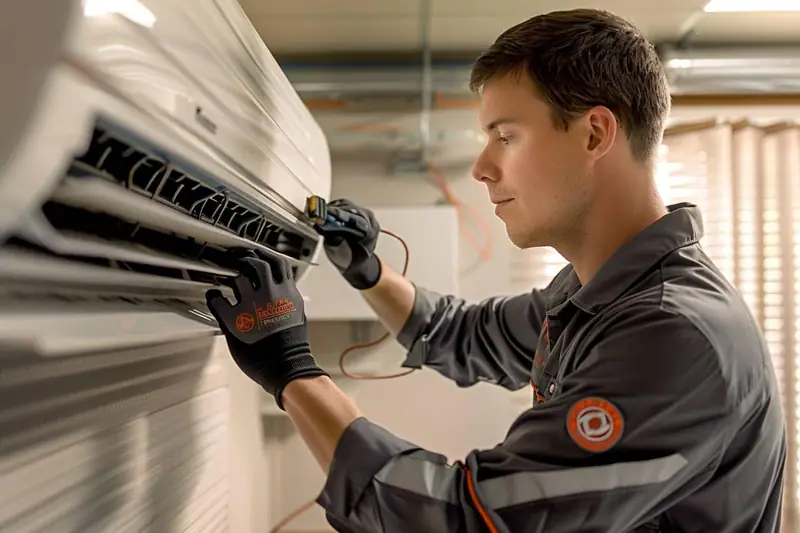 Technicien entretenant l’unité extérieure d’une climatisation résidentielle avec outils de contrôle