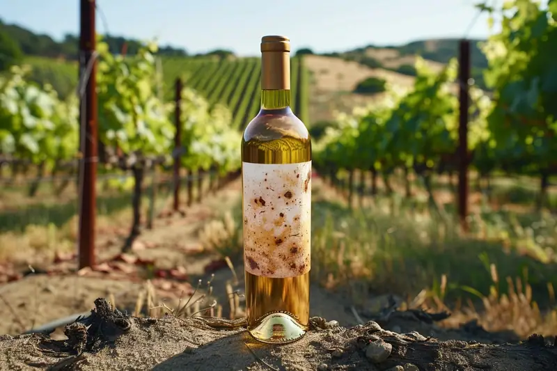 Bouteilles de vins biologiques et verres de dégustation sur une table en bois de cave