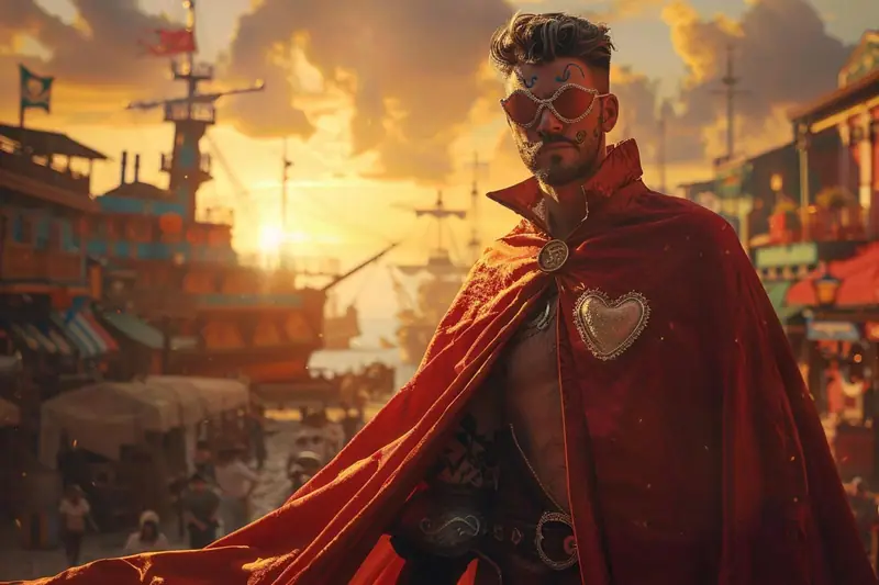 Manteau rouge à plumes posé près d’un coffre ancien dans une atmosphère silencieuse et dramatique