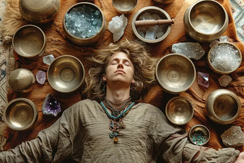 Séance de relaxation sonore avec bols chantants dans une pièce calme et lumineuse