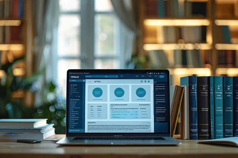 Étudiante consultant son espace numérique universitaire sur ordinateur portable dans une bibliothèque