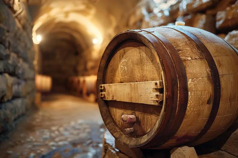 Barriques de chêne alignées dans un chai sombre avec lumière dorée sur les douelles