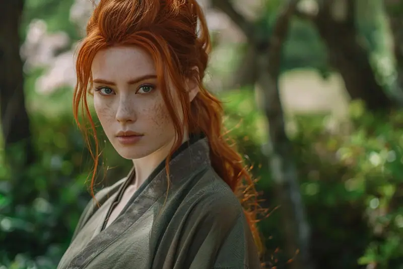 Kushina Uzumaki aux cheveux rouges protégeant un nourrisson dans un village ninja nocturne