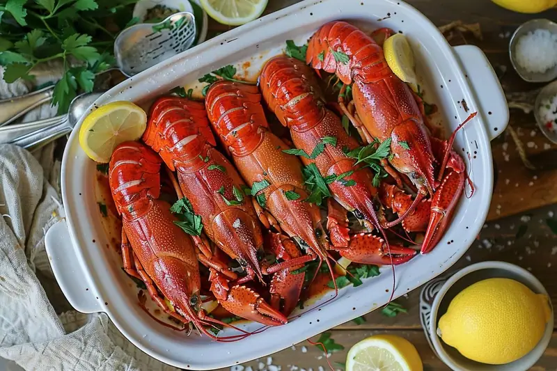 Écrevisses déjà cuites réchauffées dans une sauteuse avec beurre, ail, persil et citron