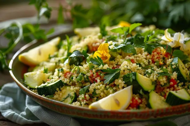 Taboulé végétal aux fleurs de courgette, herbes fraîches et légumes d’été dans un plat en céramique