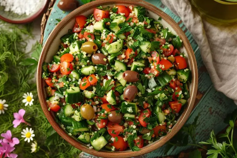 Saladier de taboulé aux olives, tomates, concombre, citron et herbes fraîches
