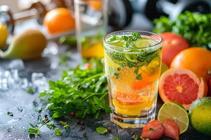 Gourdes de boisson sportive maison avec citron, sel, sucre et fruits sur une table de préparation