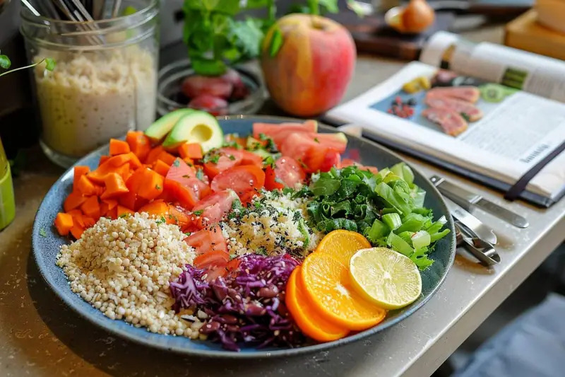 Assiette végétarienne colorée avec pois chiches rôtis, céréales, légumes et sauce au tahini
