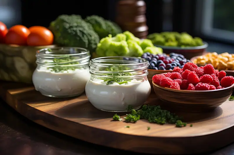Bol de légumes, céréales complètes, légumineuses et yaourt nature sur une table lumineuse