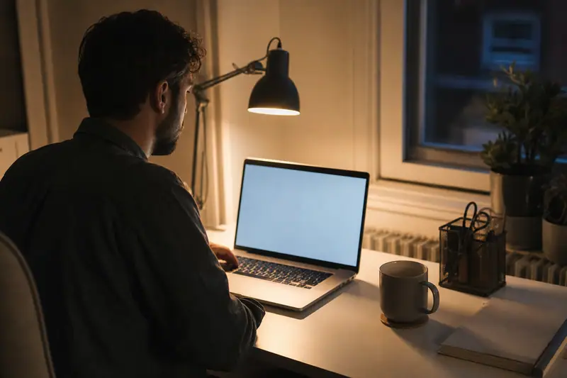 Indépendant assis à son bureau, tasse de café à côté, relisant un mail sur son ordinateur portable avant de l’envoyer