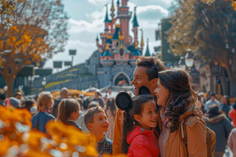 Famille consultant des billets devant l’entrée d’un parc de loisirs au lever du jour