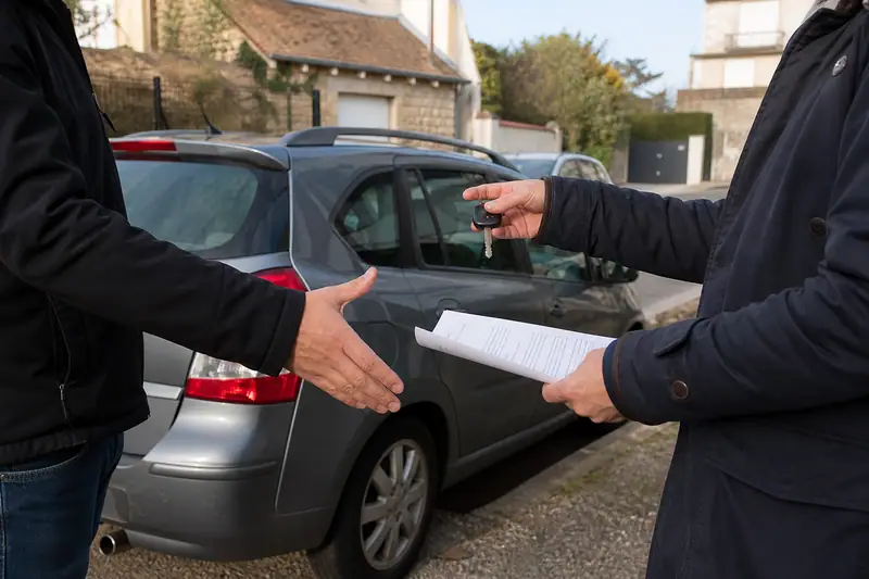 Automobiliste signant un certificat de cession de véhicule avec l’acheteur devant la voiture